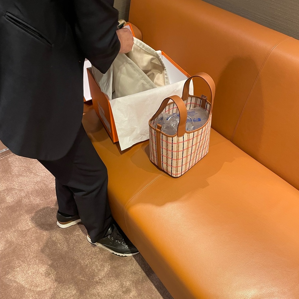 Hermes Tan and White Checkered Tote Bag